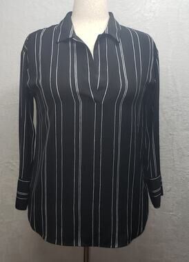 Ann Taylor Striped Tunic Blouse XS Black White Split Neck Officecore Minimalist